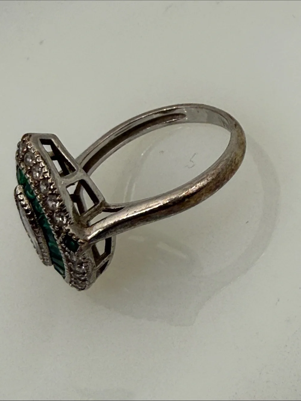 Emerald color Halo Marquise Ring Green & White art deco Statement 925 stamp Sz 5
